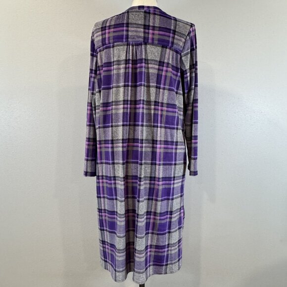 Aria Collection Purple Gray Plaid Long-Sleeve Nightgown Size L Soft PJs Pockets - Picture 2 of 16